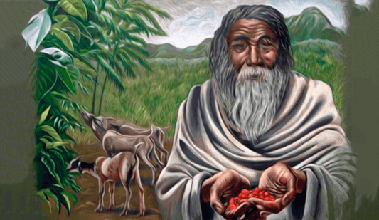 Kaldi Story graphic of Ethiopian man with goats