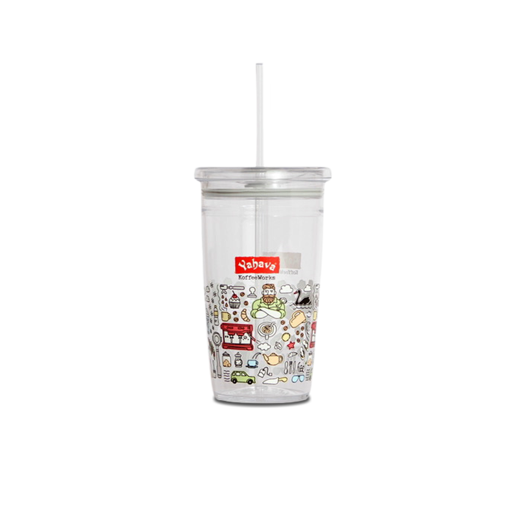 16oz iced drink Keep Cup with Yahava coffee icons and branded with Yahava and comes with a straw