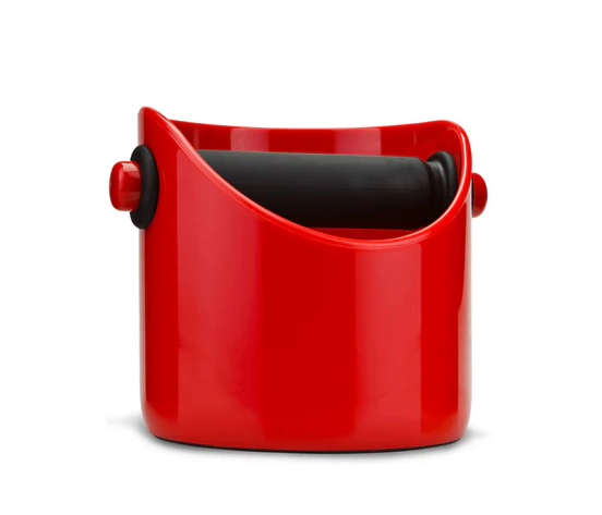 red coffee knock box with black bar across