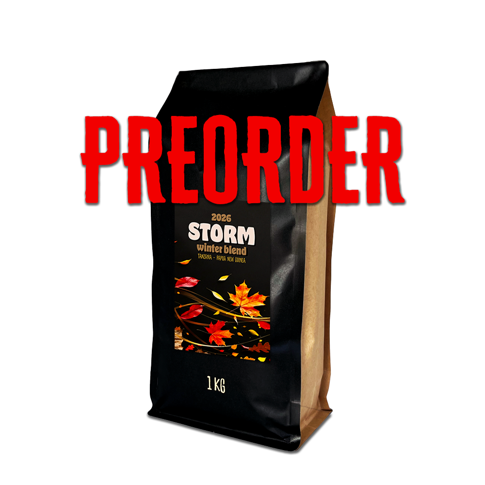 Black coffee bag with 'PREORDER' text and 'STORM winter blend' label on a white background
