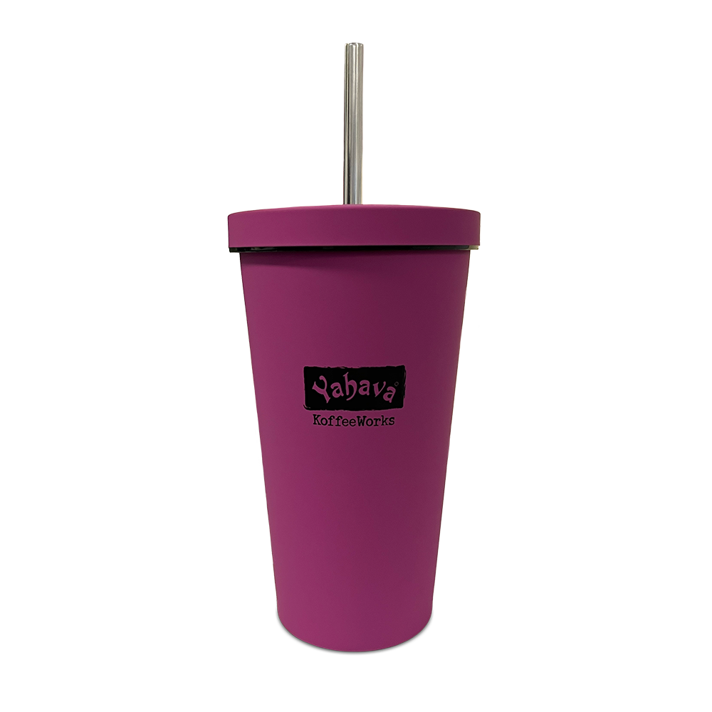 Magenta tumbler with a black logo on a white background