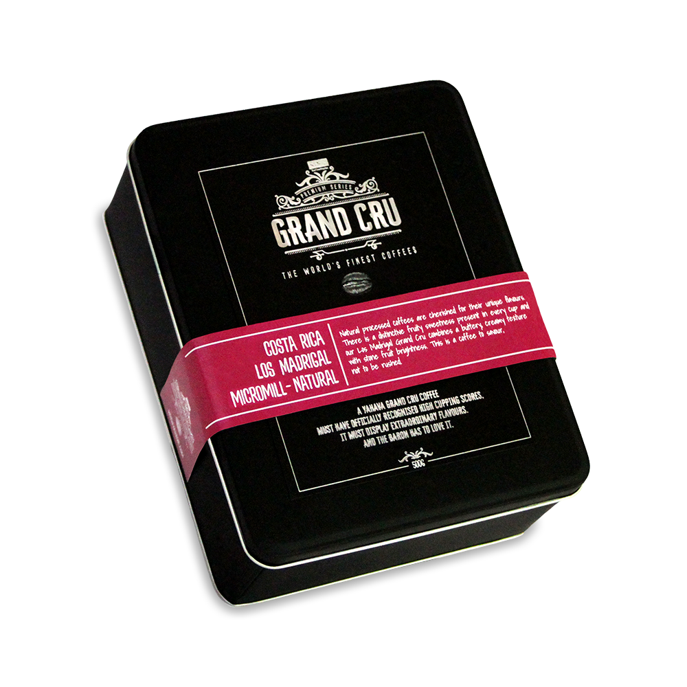 a square black tin with with a label featuring "Grand Cru" the world's finest coffees and a wine coloured label with the coffee origin of Costa Rica.