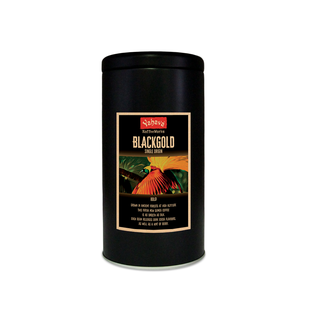 Black coffee canister with 'Black Gold' label