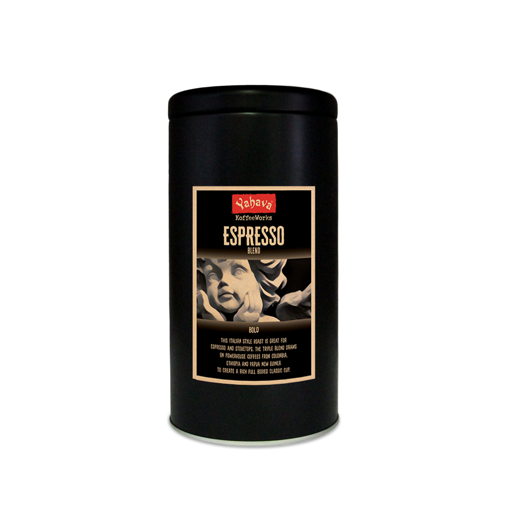 A reusable black 500g tin with Yahava Signature Range coffee label for Espresso on the tin featuring a stone statue of an angle