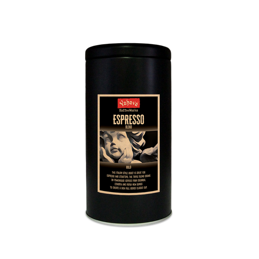 A reusable black 500g tin with Yahava Signature Range coffee label for Espresso on the tin featuring a stone statue of an angle