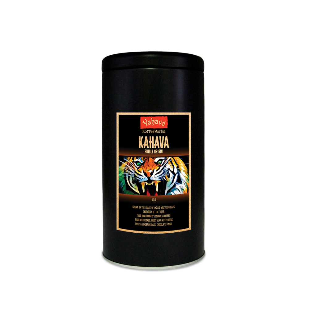 A black 500g tin with Yahava Signature Range coffee label for Kahava on the tin featuring a roaring tiger