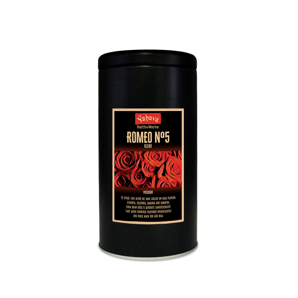 a black 500g tin with yahava signature range coffee label for Romeo No. 5 blend on the tin with red roses