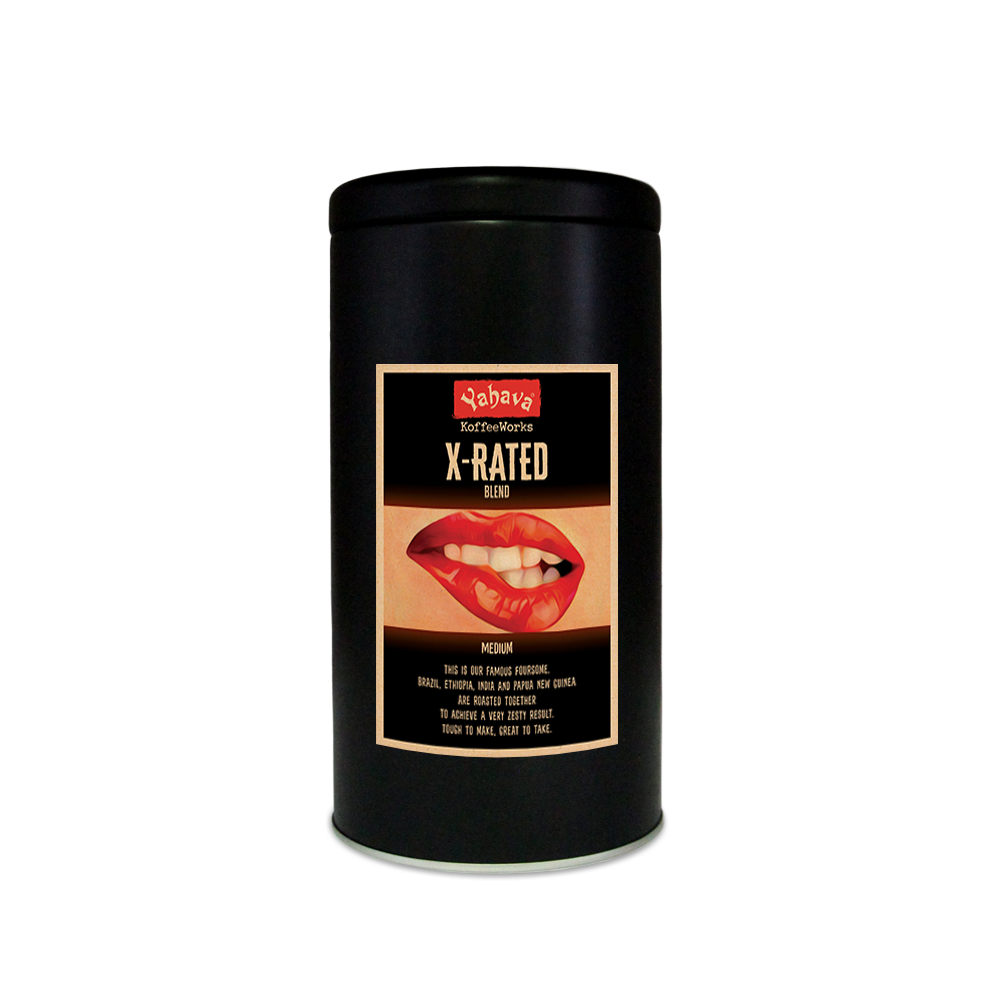 a black 500g tin with yahava signature range coffee label for X-Rated blend on the tin.