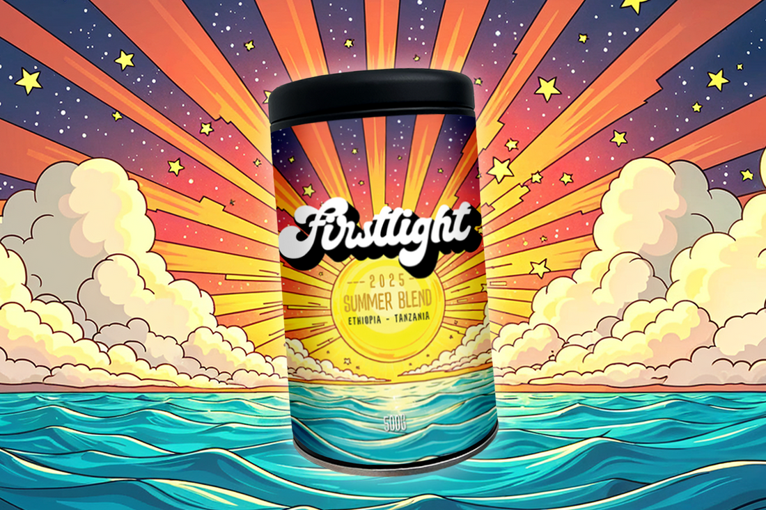 Firstlight 2025 seasonal summer blend Tin with blue ocean and sunrise 