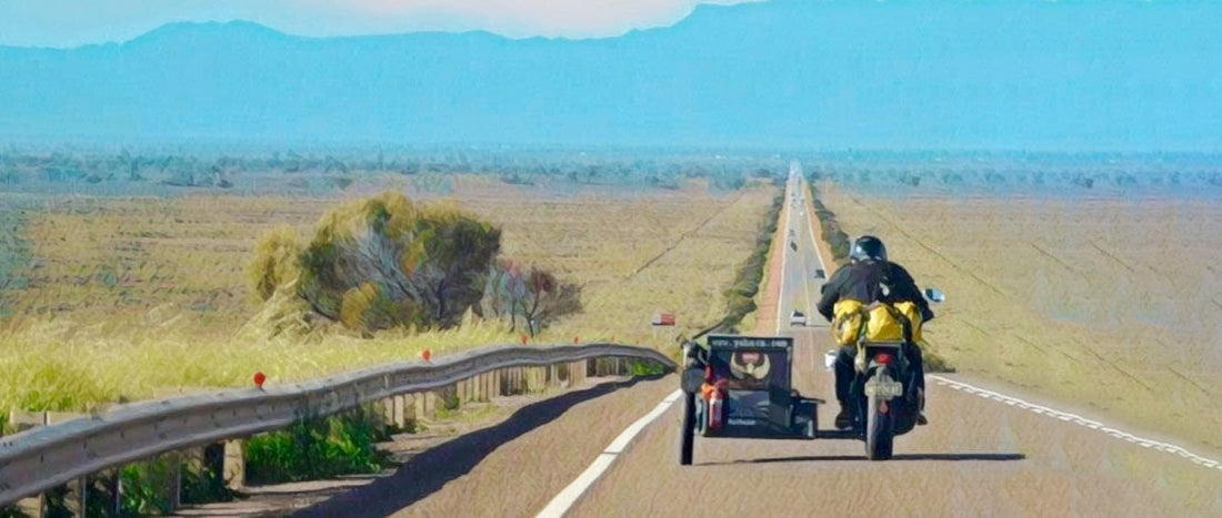 Yahava branded motorbike and sidecar on the journey to the red centre.