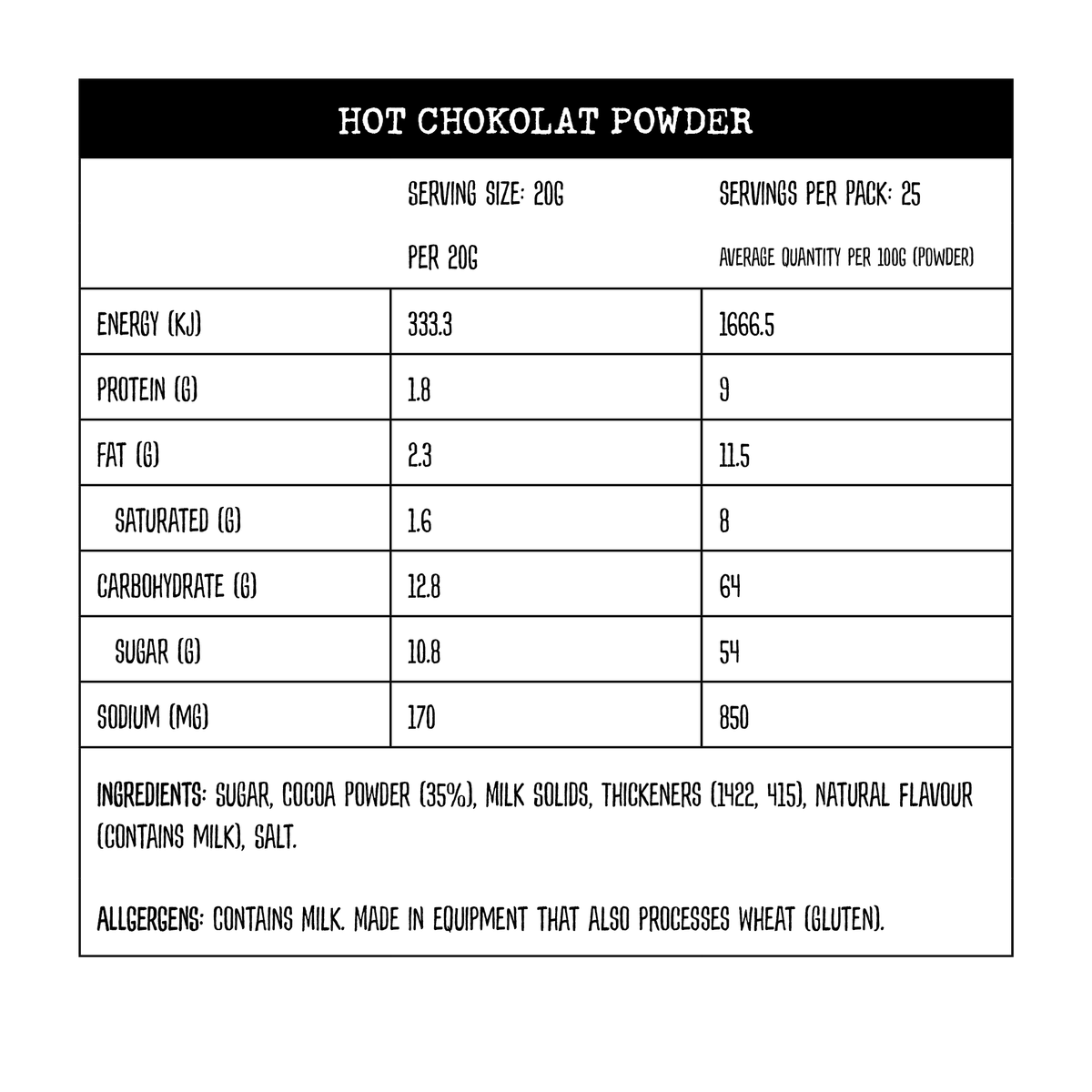 Hot Chocolate Nutritional Information Yahava KoffeeWorks Western Australia Margaret River and Swan Valley