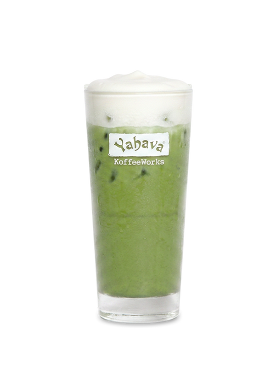 Glass of Iced Matcha with Vanilla Cold Foam on top with a 'Yahava KoffeeWorks' label on a white background