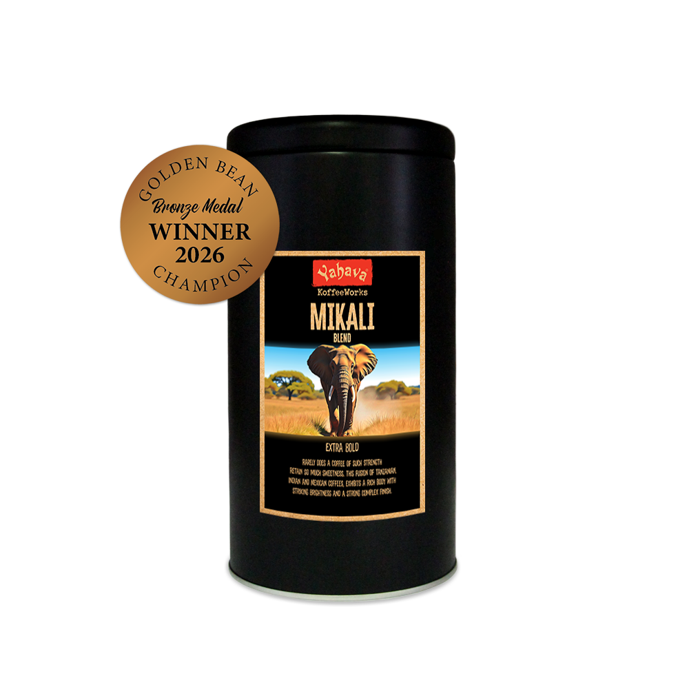 Yahava KoffeeWorks Mikali Blend Extra Bold coffee in a 500g storage tin with 2026 Golden Bean Bronze Medal Winner Champion award badge.