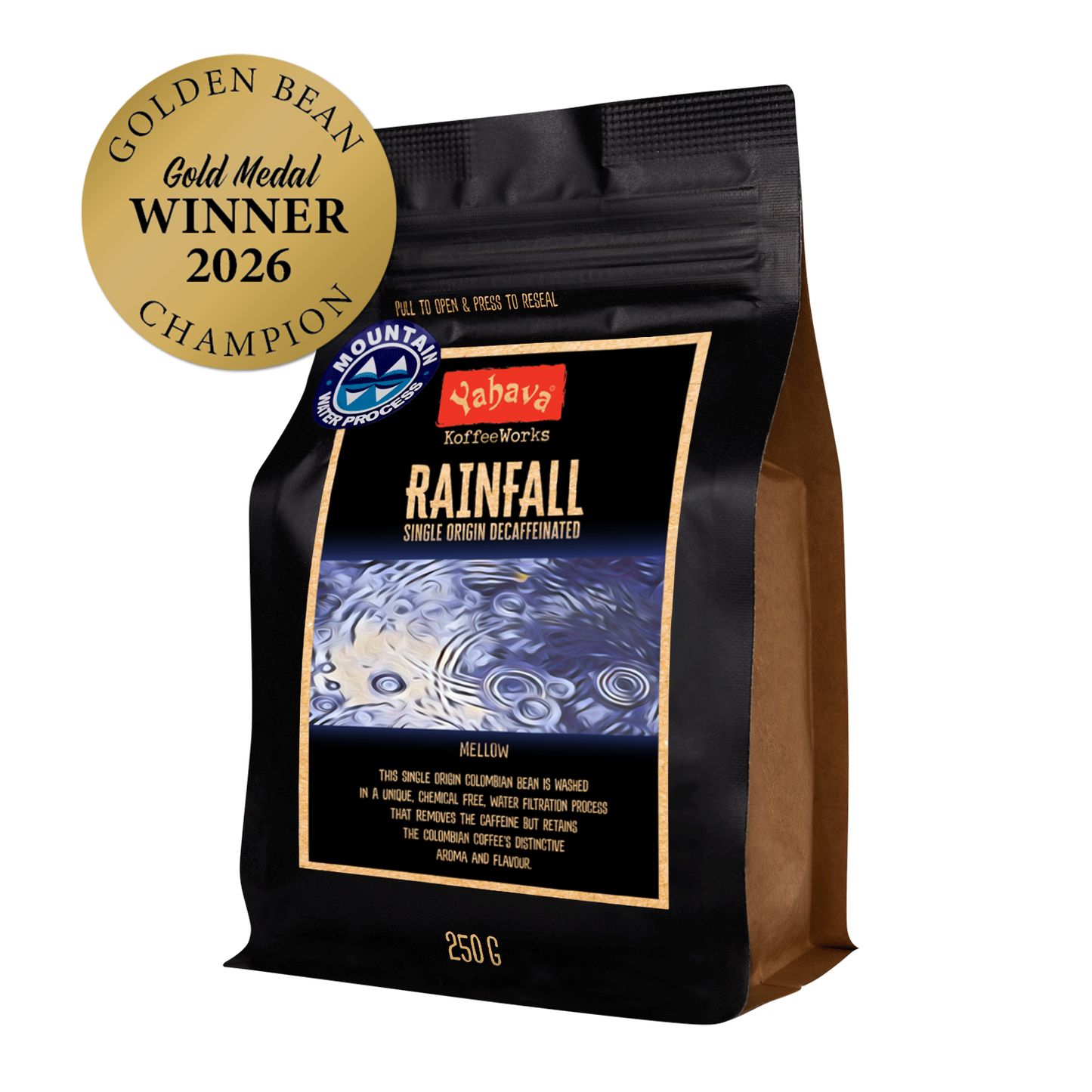 Yahava KoffeeWorks Rainfall Single Origin Decaffeinated 250g coffee beans with Mountain Water Process certification and 2026 Golden Bean Gold Medal Winner Champion award badge.