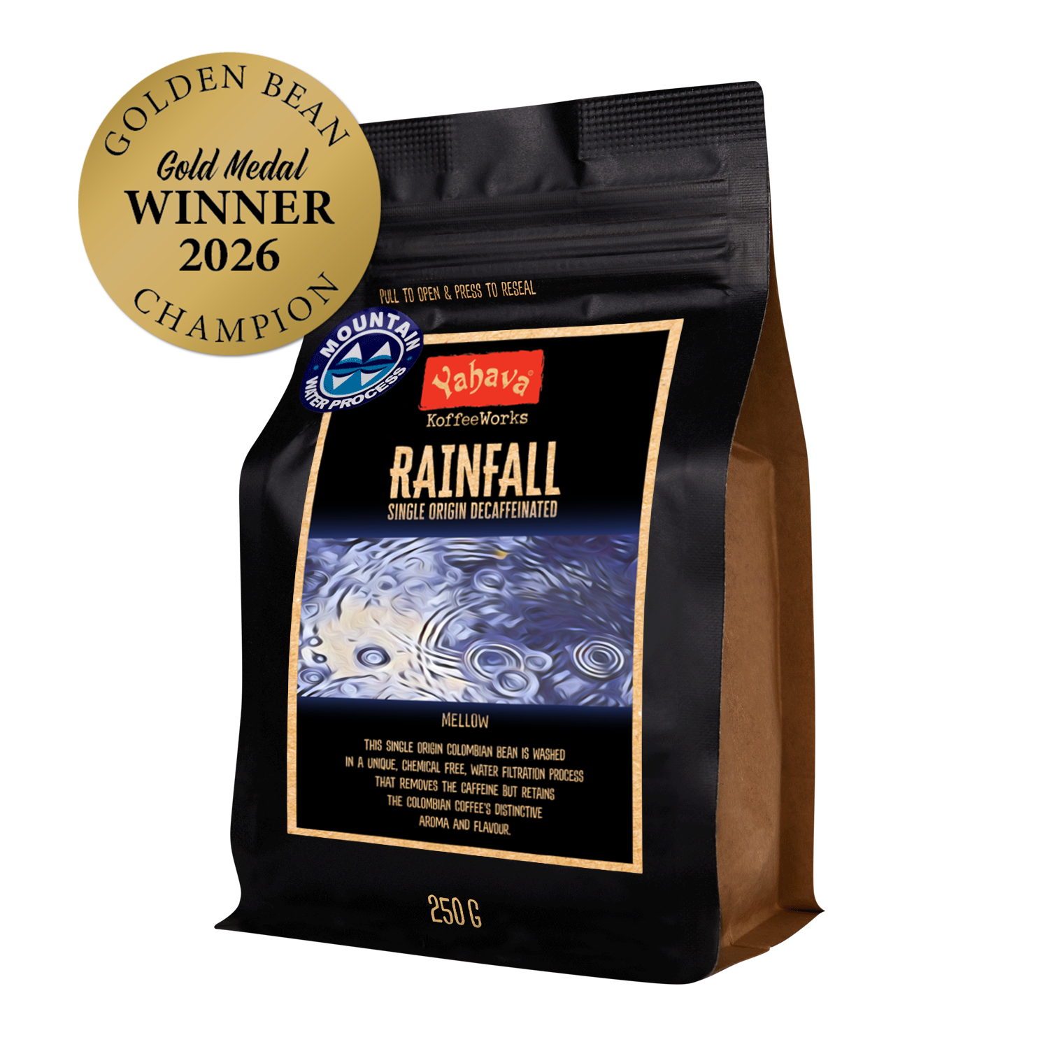 Yahava KoffeeWorks Rainfall Single Origin Decaffeinated 250g coffee beans with Mountain Water Process certification and 2026 Golden Bean Gold Medal Winner Champion award badge.