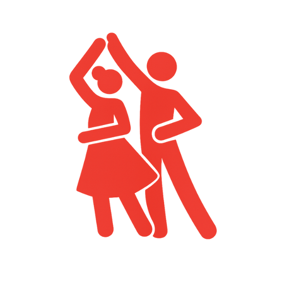 Red icon of a couple dancing on a white background